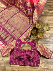 Coral peach and pinkish maroon toned allover Jari checks Gadwal saree