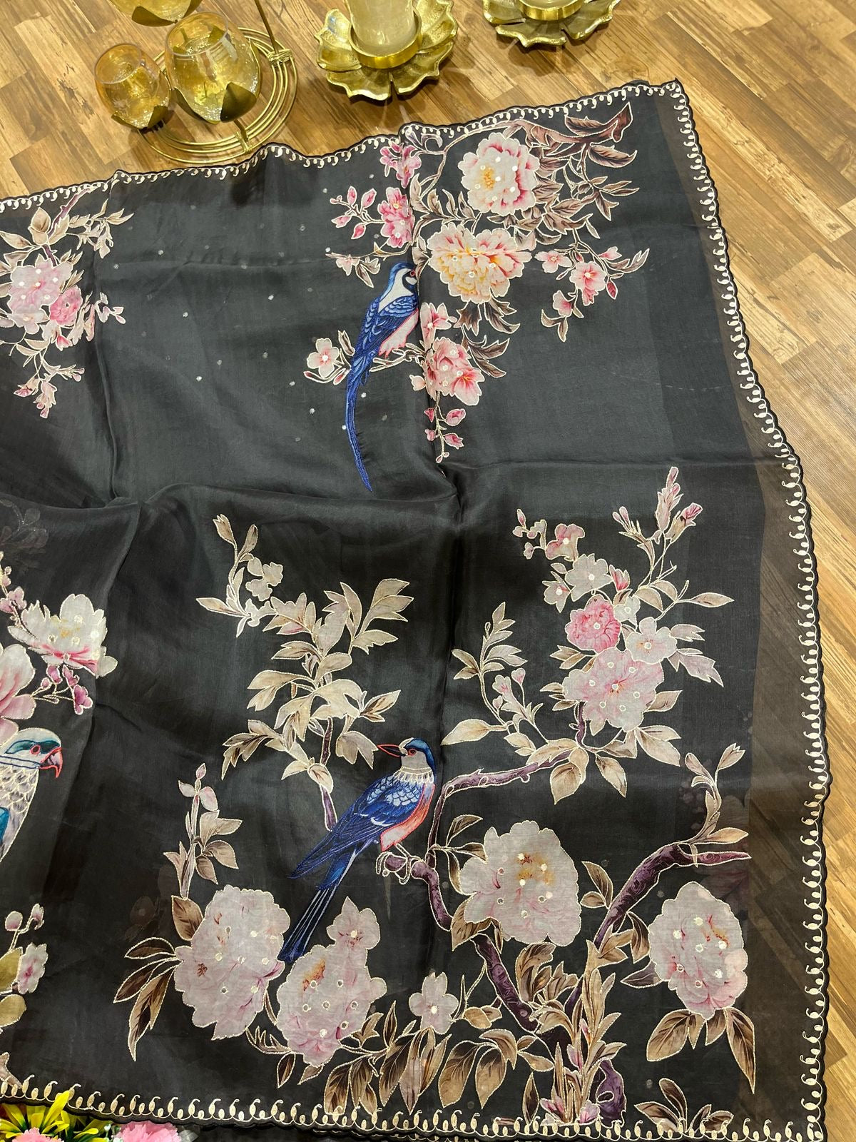 Black Designer Floral Print Organza