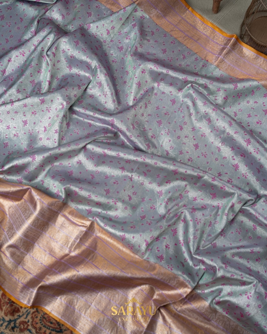 Soft powder blue and lavender brocade Kanchi pure silk