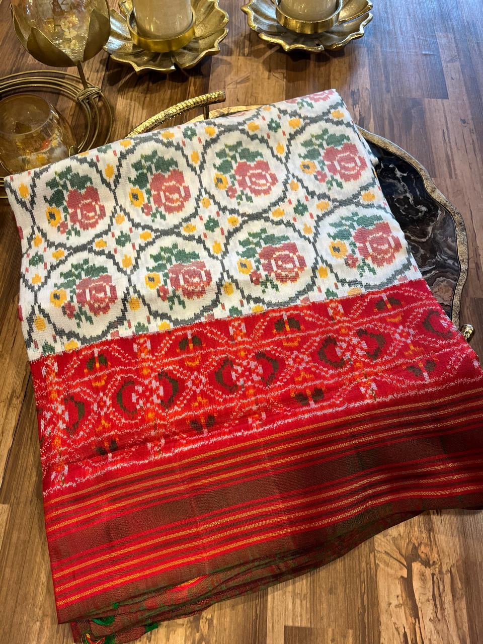 Beige and Red Twill ikkat