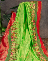 Parrot Green Cutwork Embrodered Triple Saree