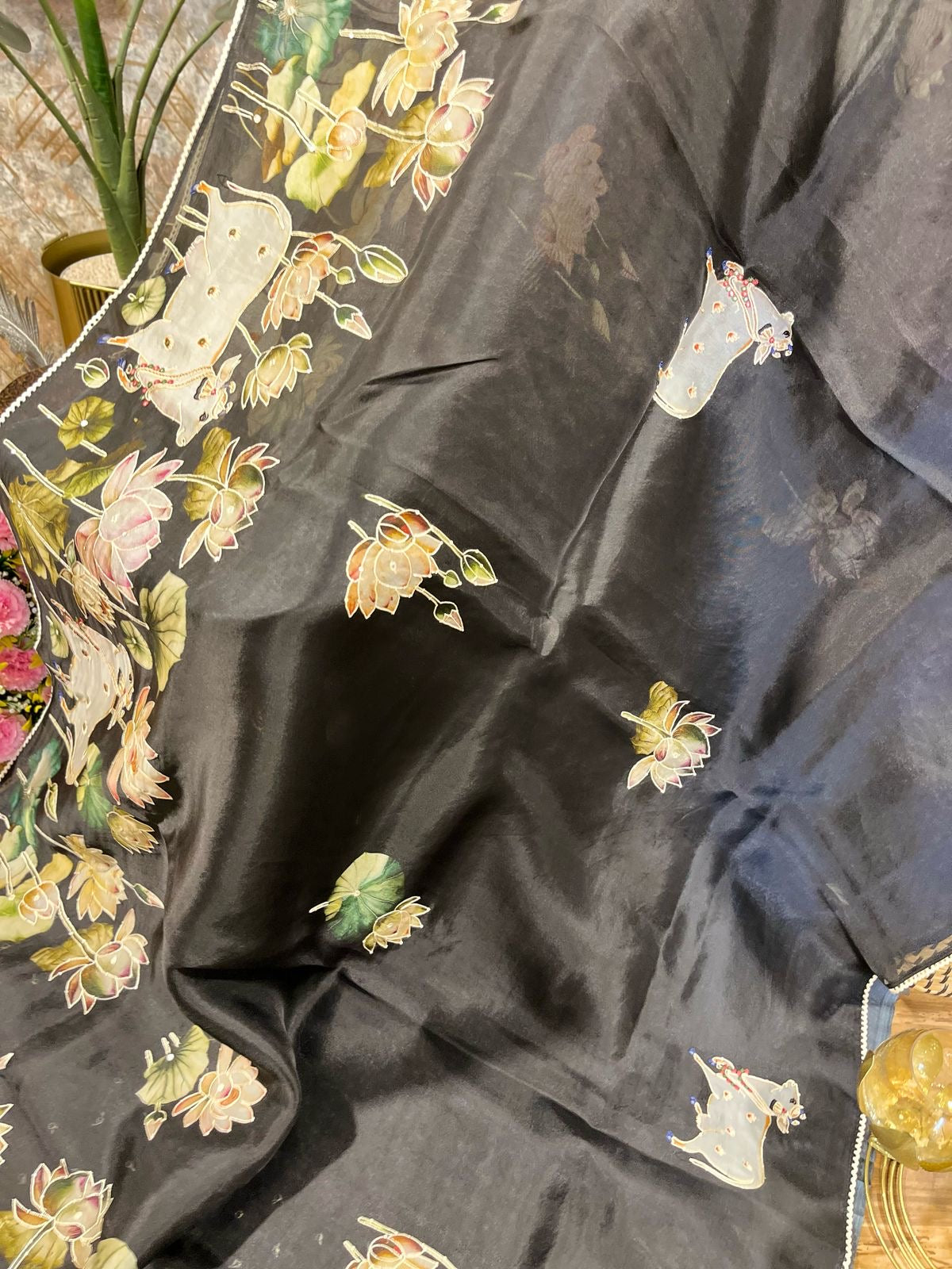 Black Designer Floral Print Pure Organza