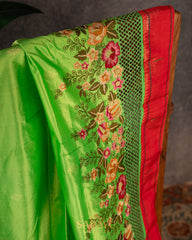 Parrot Green Cutwork Embrodered Triple Saree