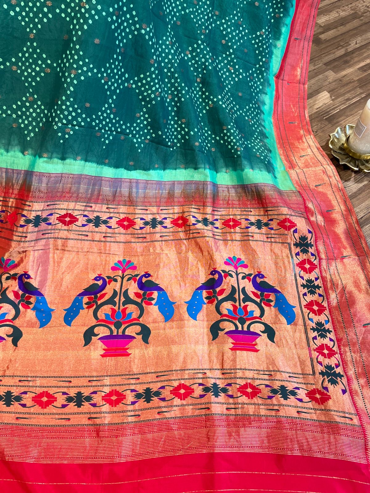 Green Pure Silk Paithani Bandhini