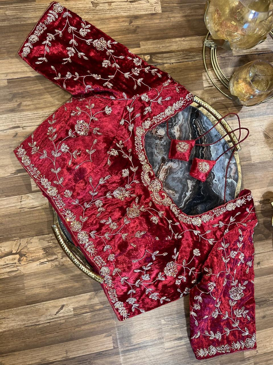 Maroon Red  Velvet Handworked Blouse