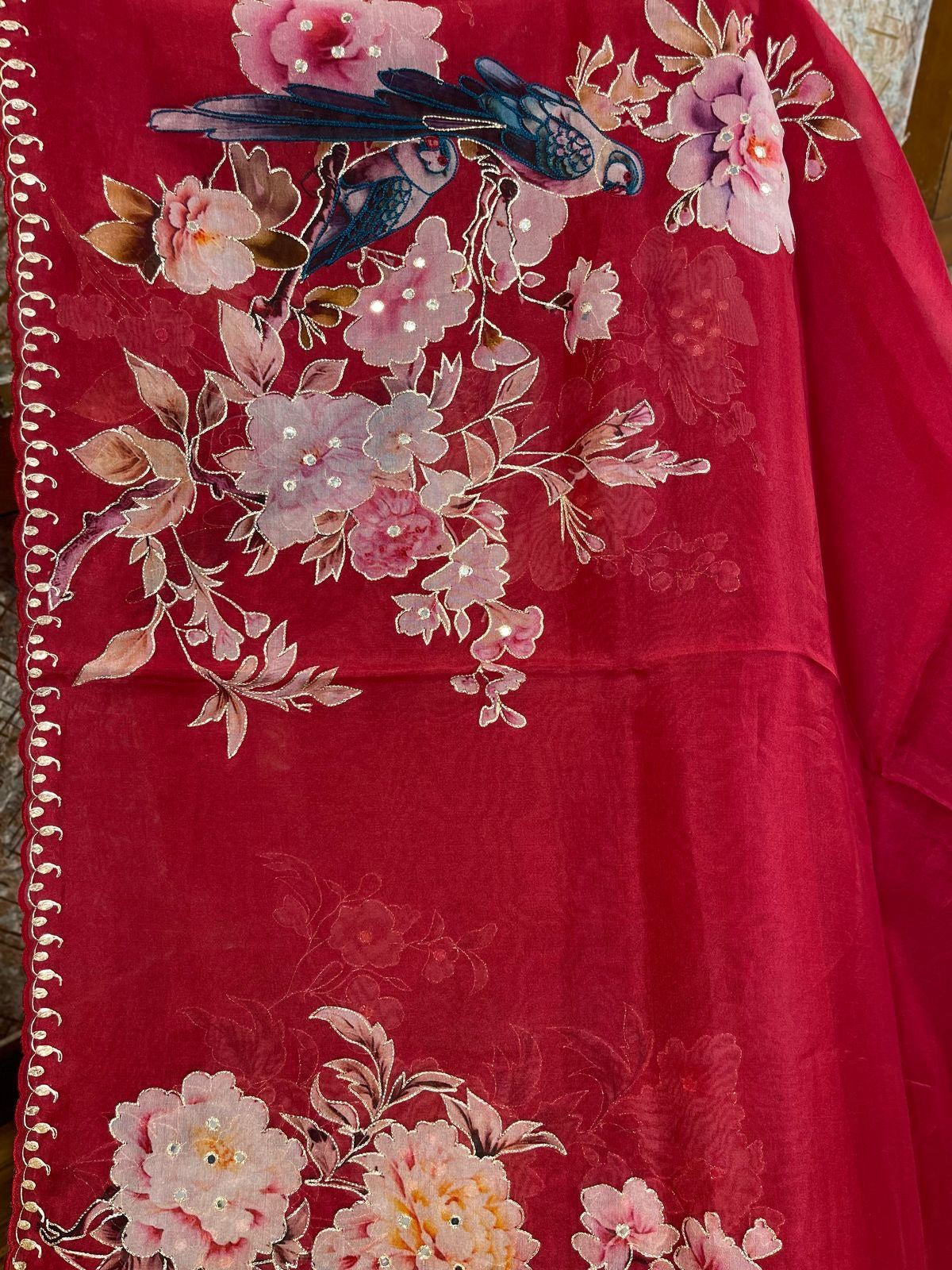 Red Designer Floral Print Organza