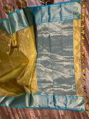 Lime Green and Sea Blue Chanderi Pure Silk