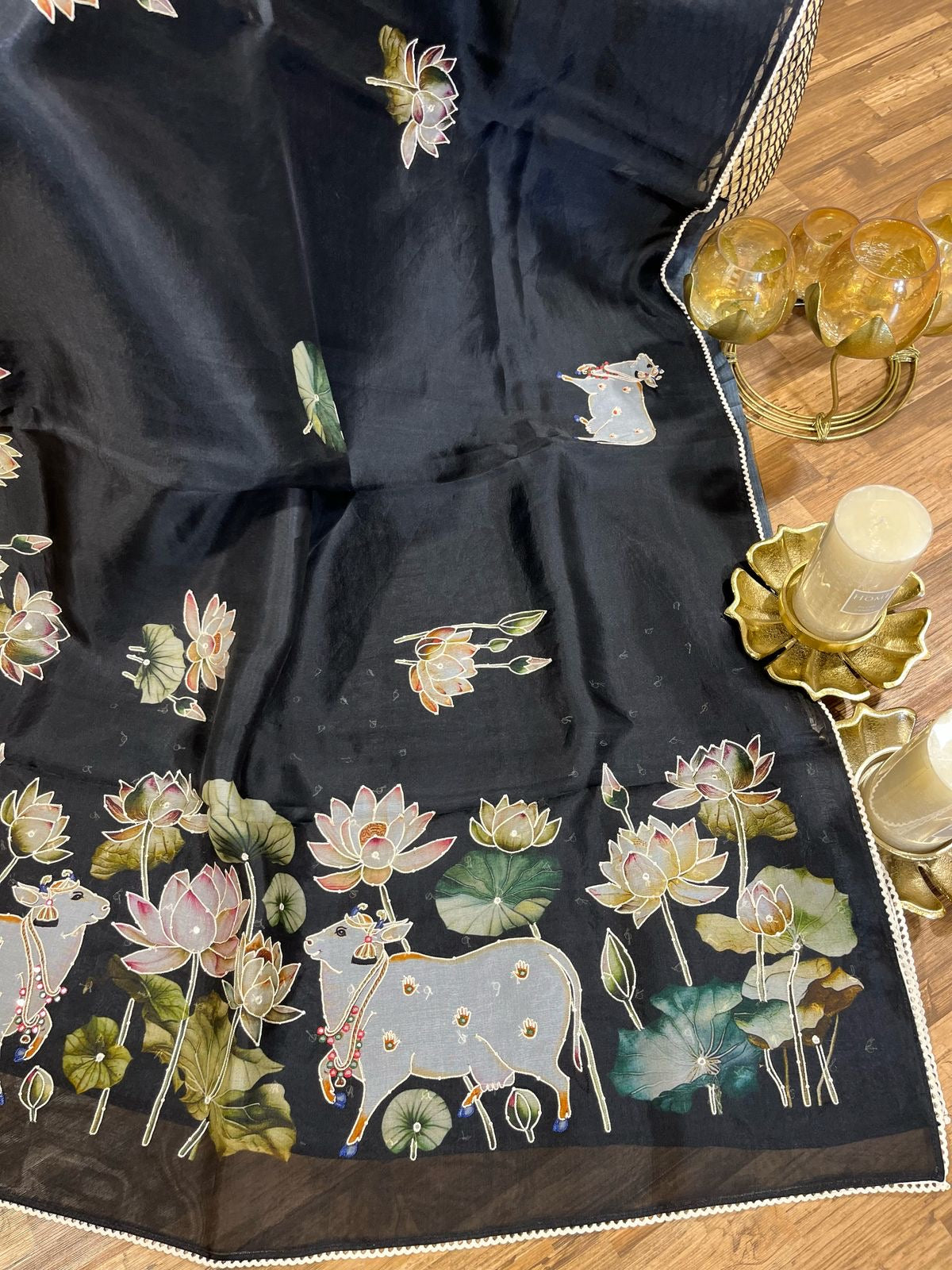 Black Designer Floral Print Pure Organza