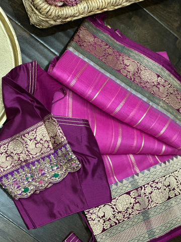 Pink and Purple Combination Pure Banarasi Kora silk