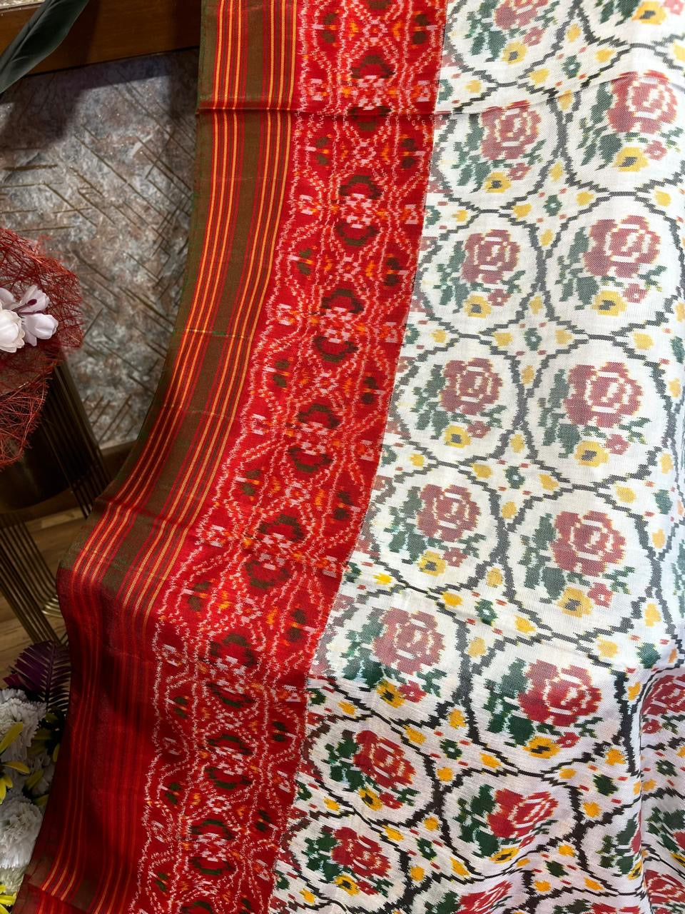 Beige and Red Twill ikkat