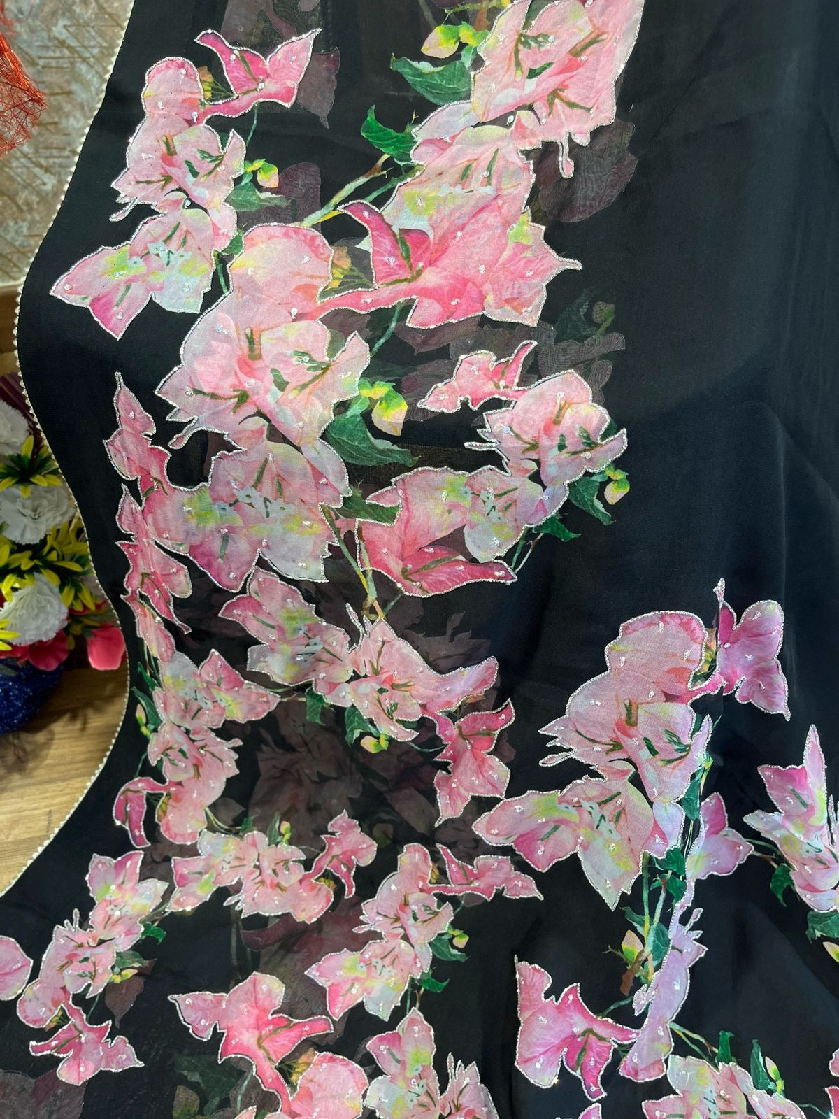 Black Designer Bougainvillea Digital Print On Pure Organza