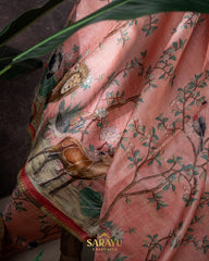 Beautiful Peach And Pink Designer Exclusive Tussar Silk