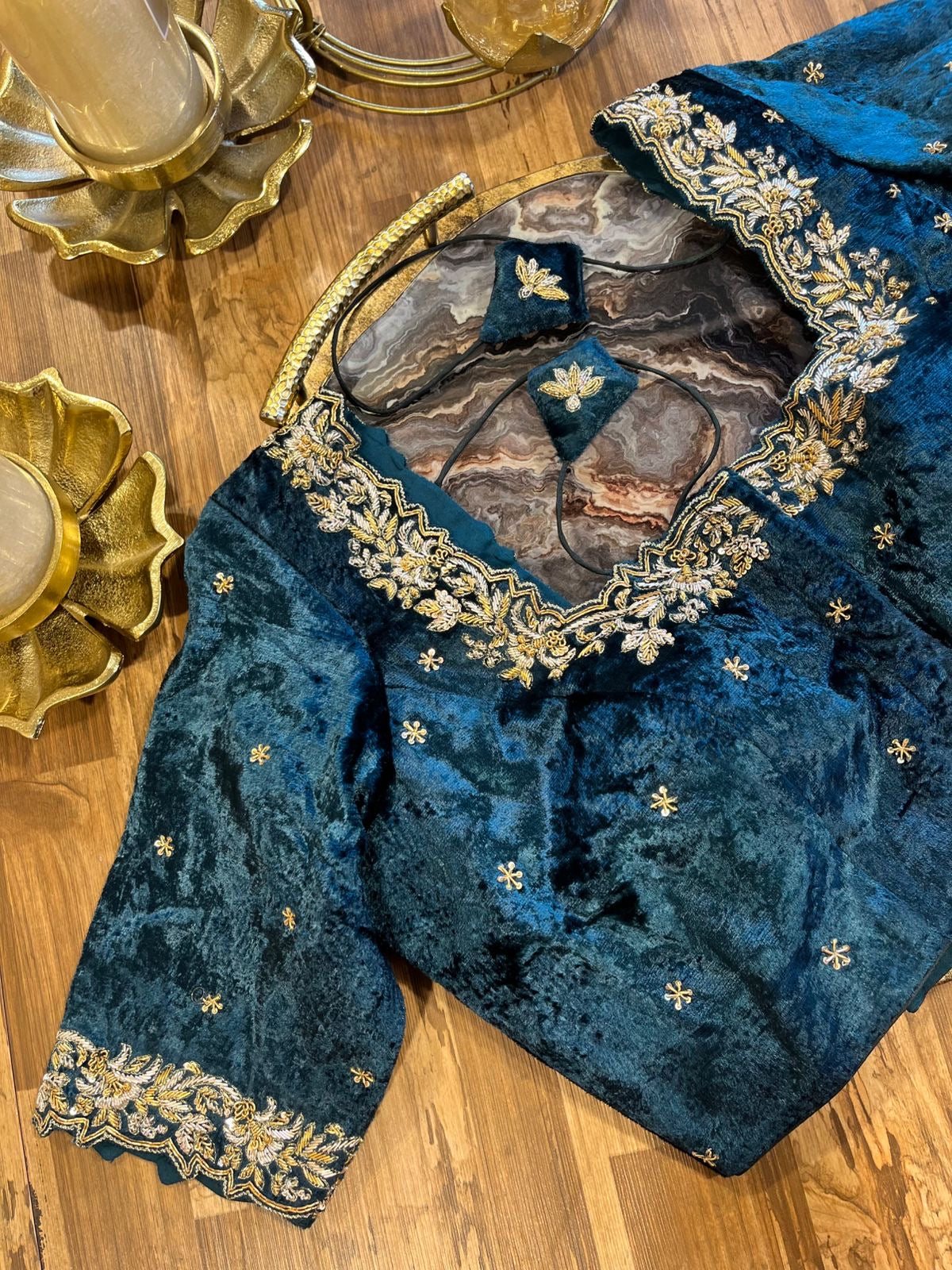 Peacock Blue Shade Velvet Designer Blouse