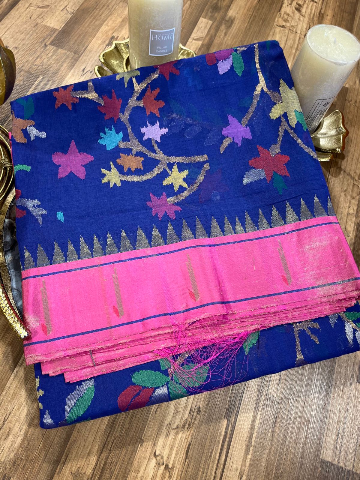 Blue and Pink Tissue Paithani Border