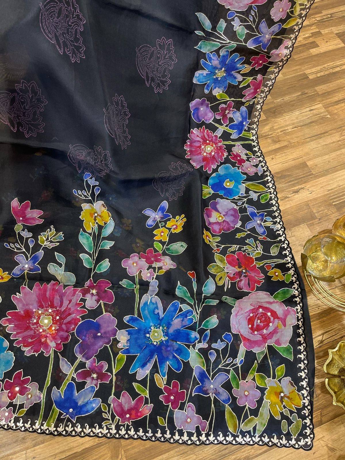 Black Designer Floral Print Organza