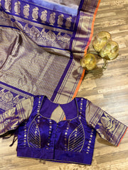 Grey and Deep Navy toned allover  Gadwal brocade saree