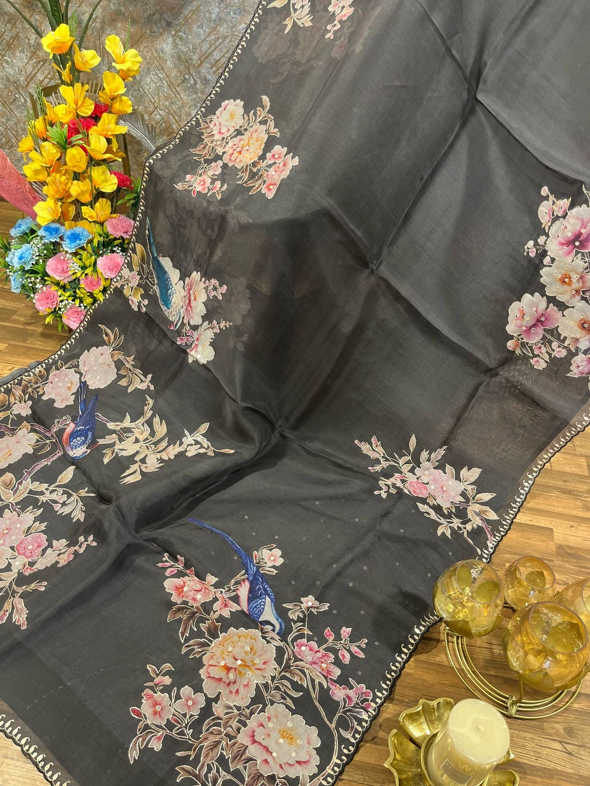 Black Designer Floral Print Organza