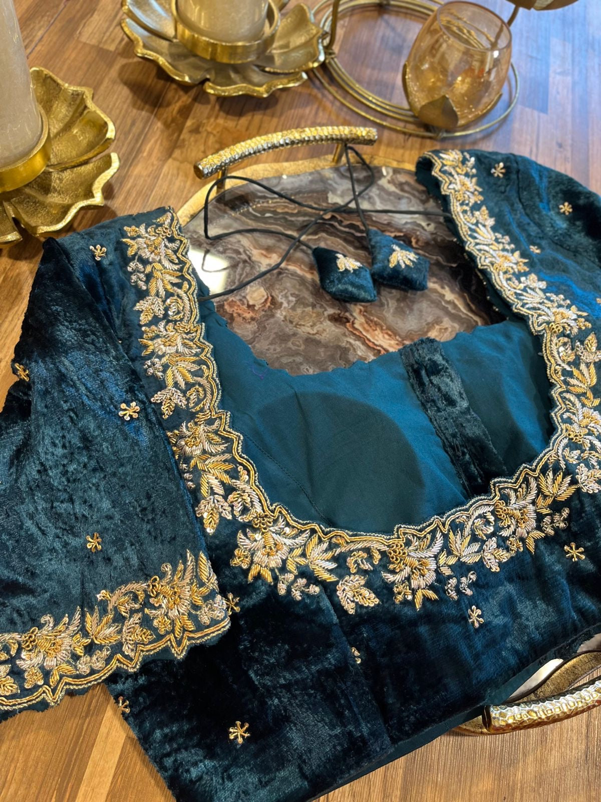 Peacock Blue Shade Velvet Designer Blouse