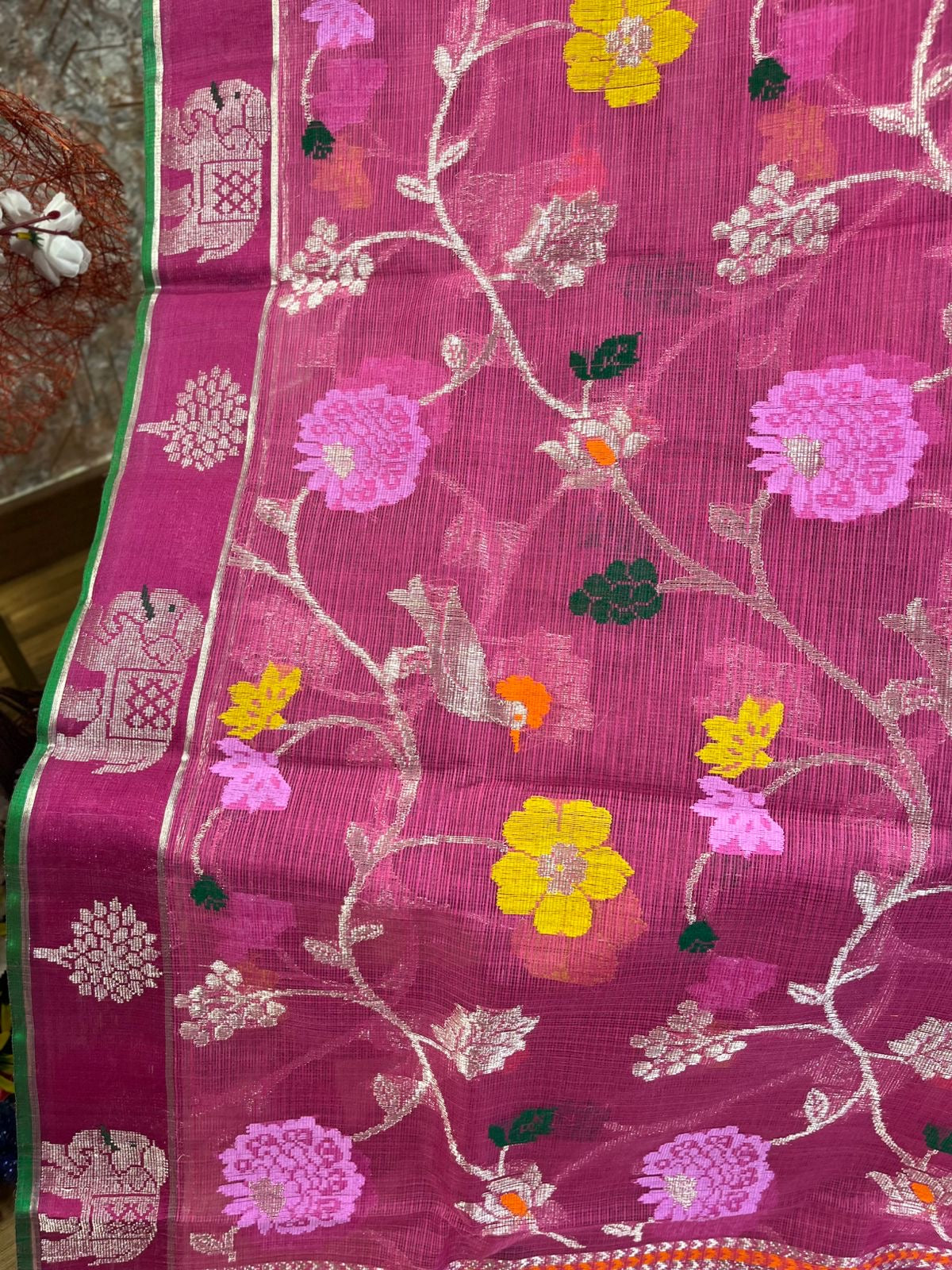 Designer All Over Jaal Pure Zari Kota Saree with Contrast Blouse