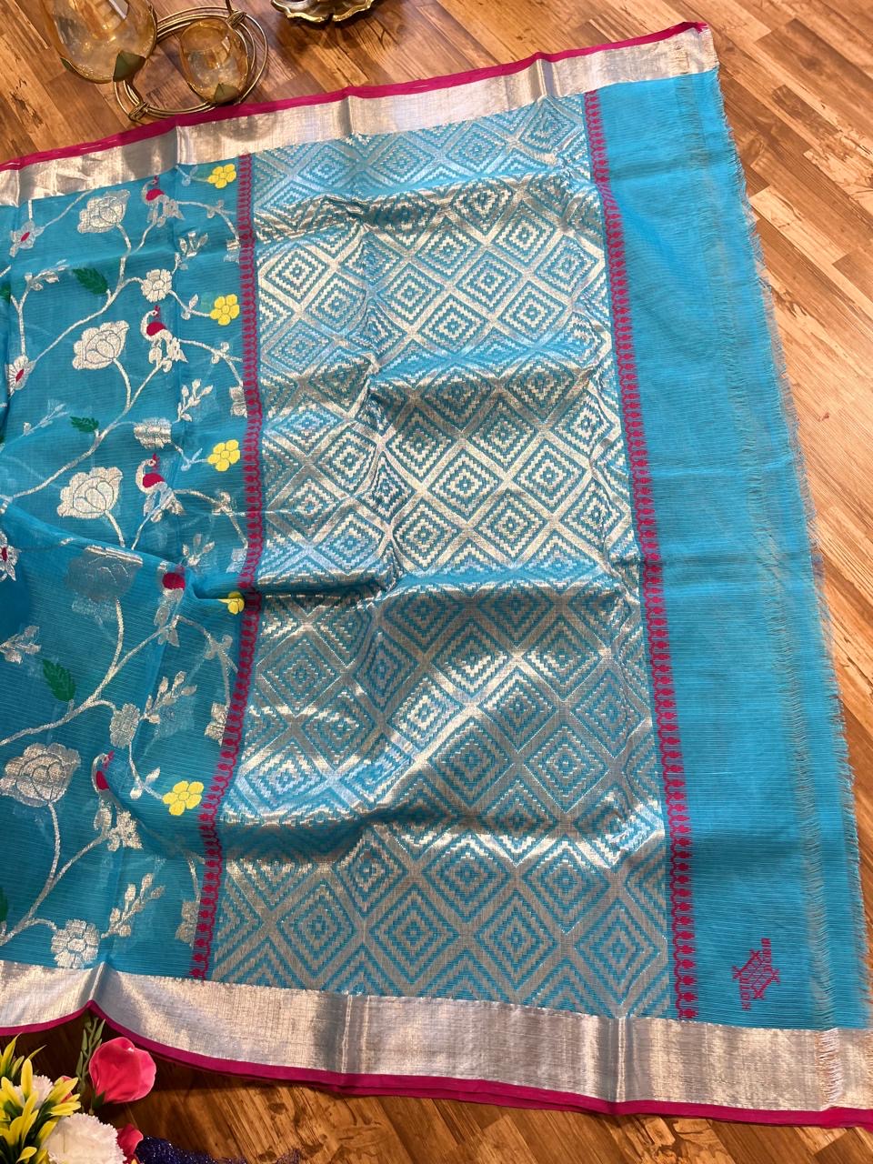 Designer All Over Jaal Pure Zari Kota Saree with Contrast Blouse