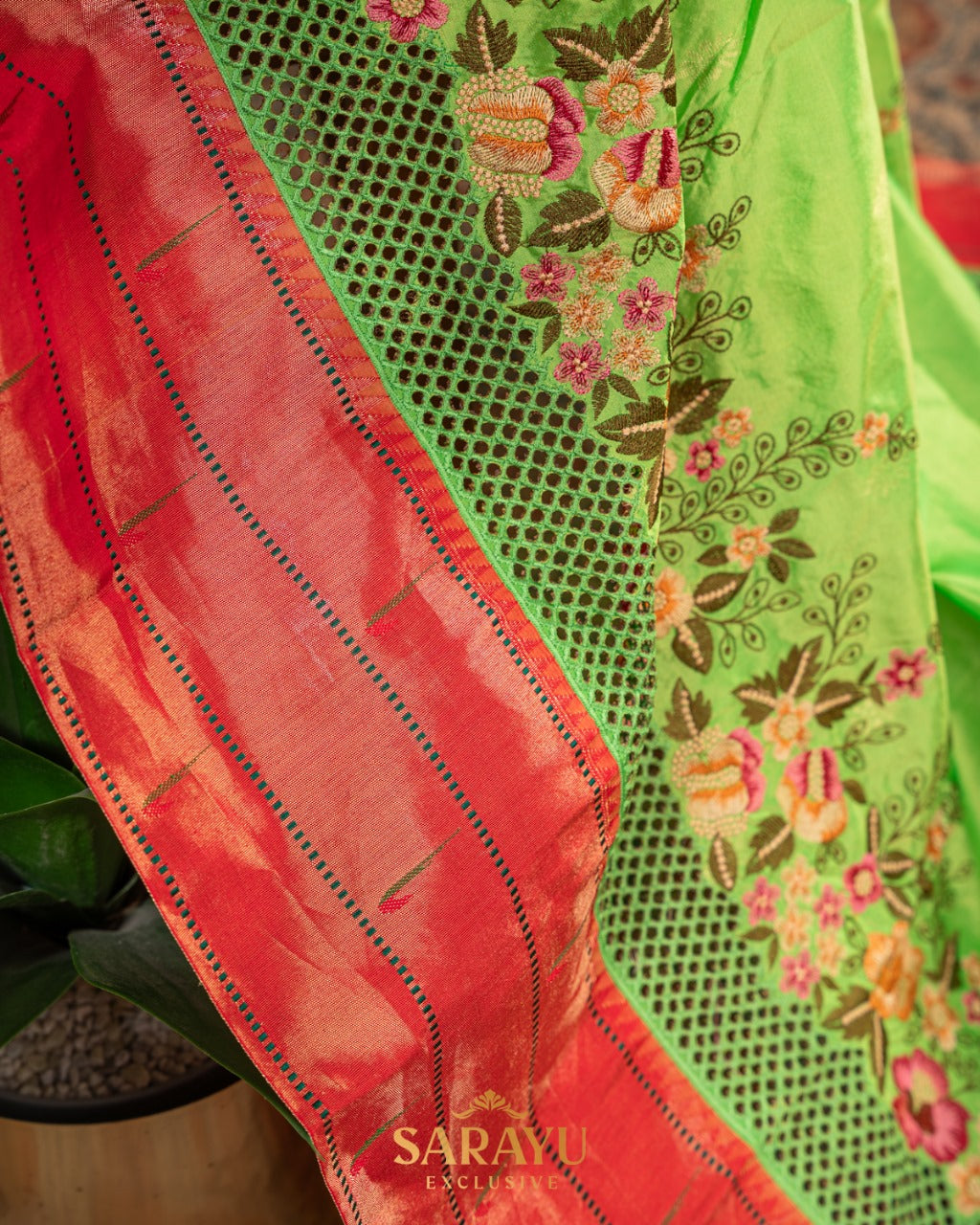 Parrot Green Cutwork Embrodered Triple Saree