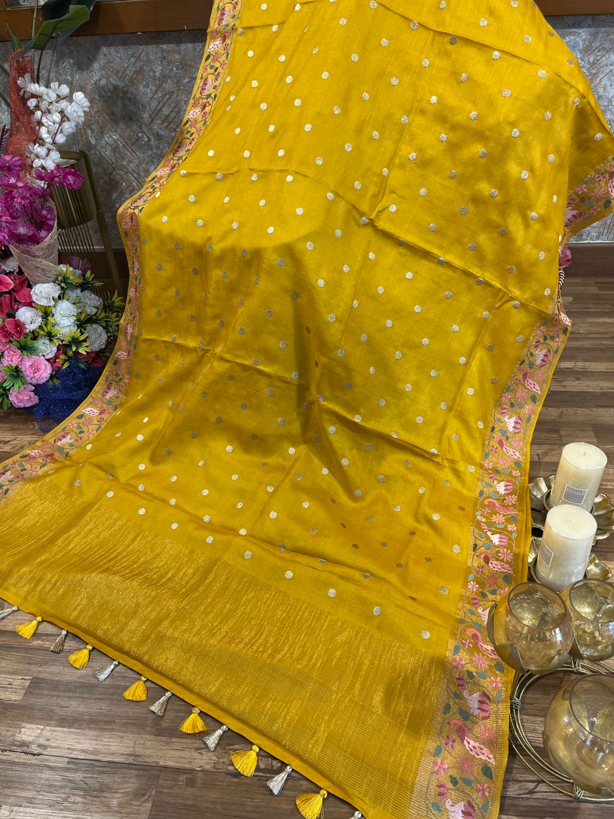 Mustard Yellow Shade Pure Tussar Saree