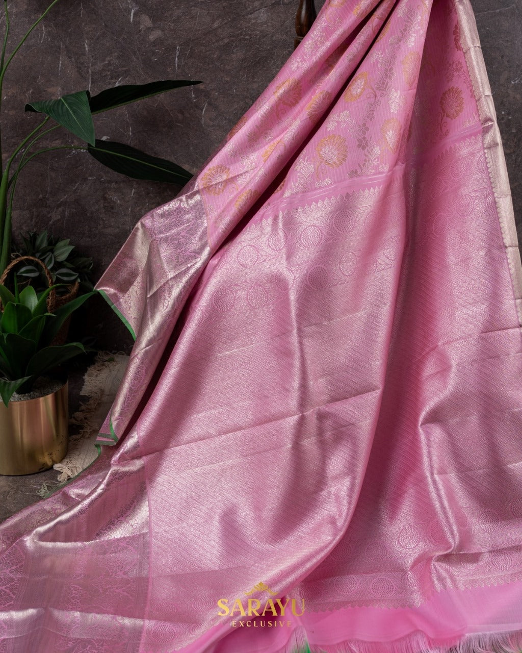 Rose Pink and Green Pure Kanchi Soft Brocade Silk
