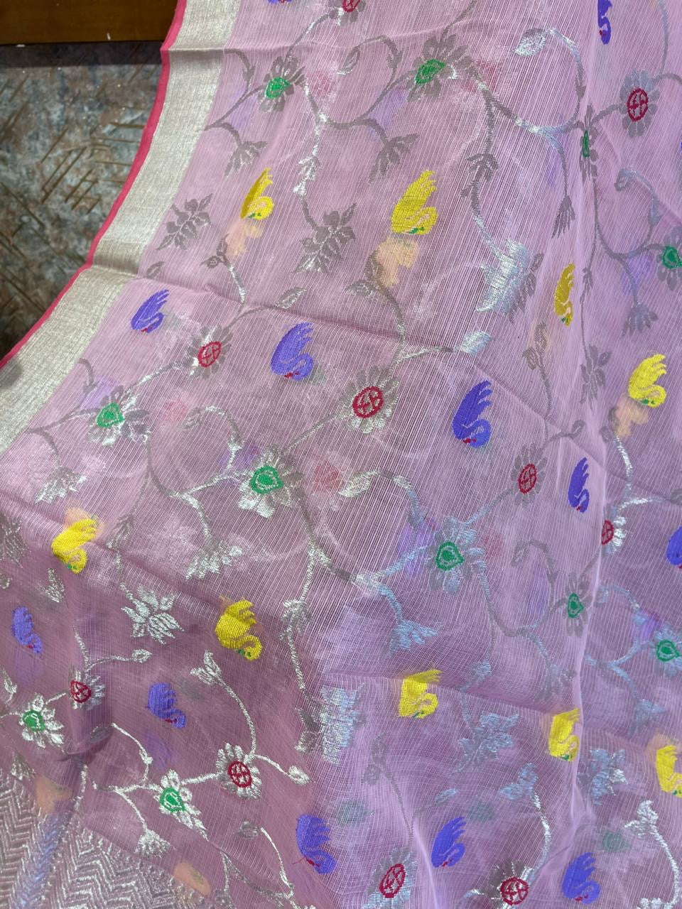 Designer All Over Jaal Pure Zari Kota Saree with Contrast Blouse