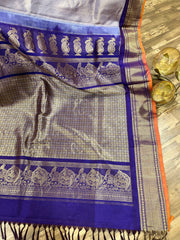 Grey and Deep Navy toned allover  Gadwal brocade saree