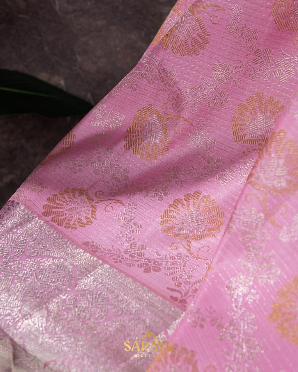 Rose Pink and Green Pure Kanchi Soft Brocade Silk