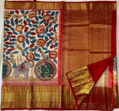 Cream and Red Pure Kanchi Handpainted Kalamkari