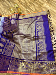 Grey and Deep Navy toned allover  Gadwal brocade saree