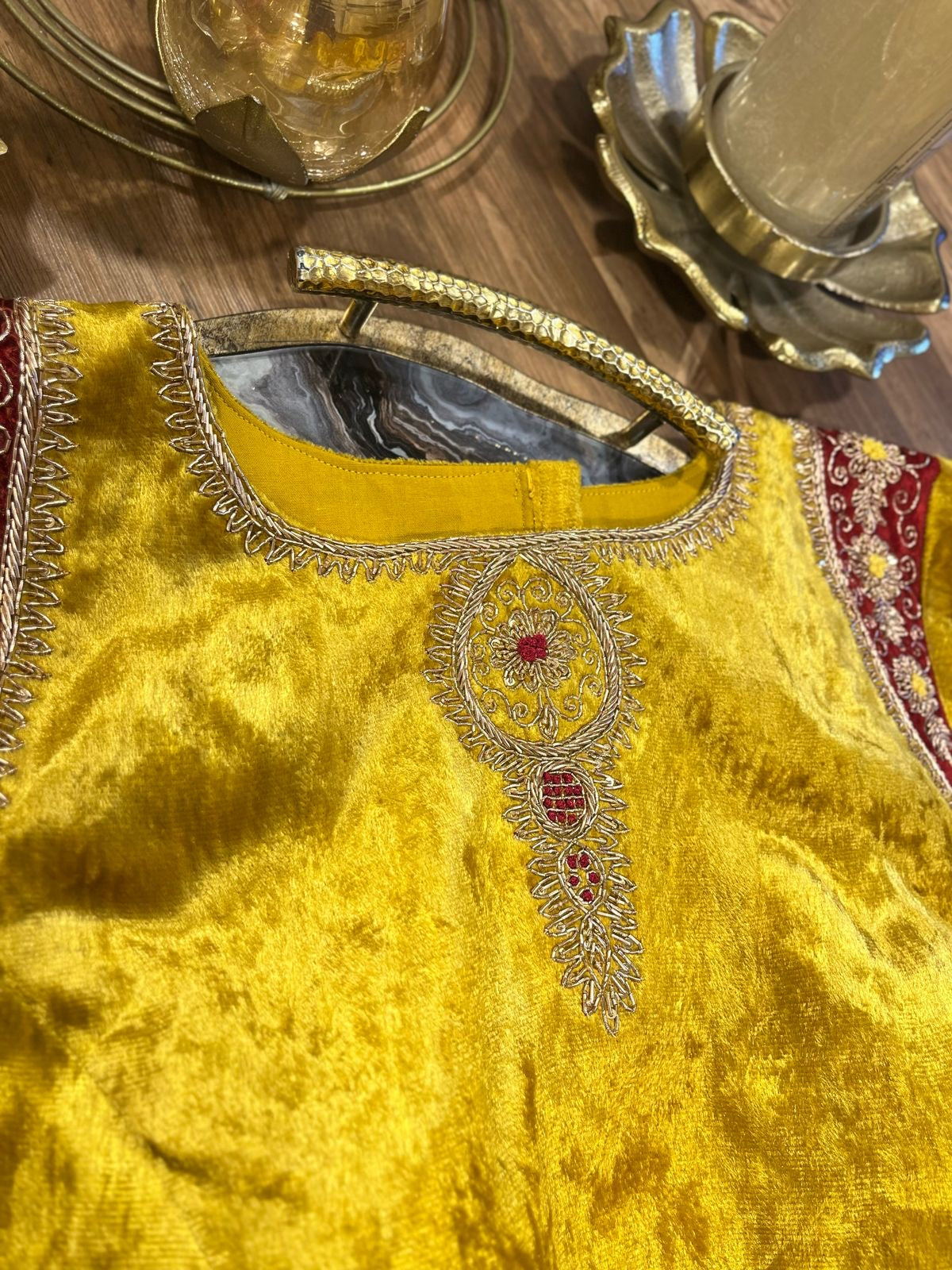 Yellow and Red Combination Shade Velvet Designer Blouse