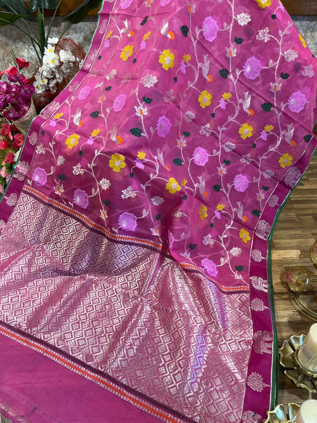 Designer All Over Jaal Pure Zari Kota Saree with Contrast Blouse