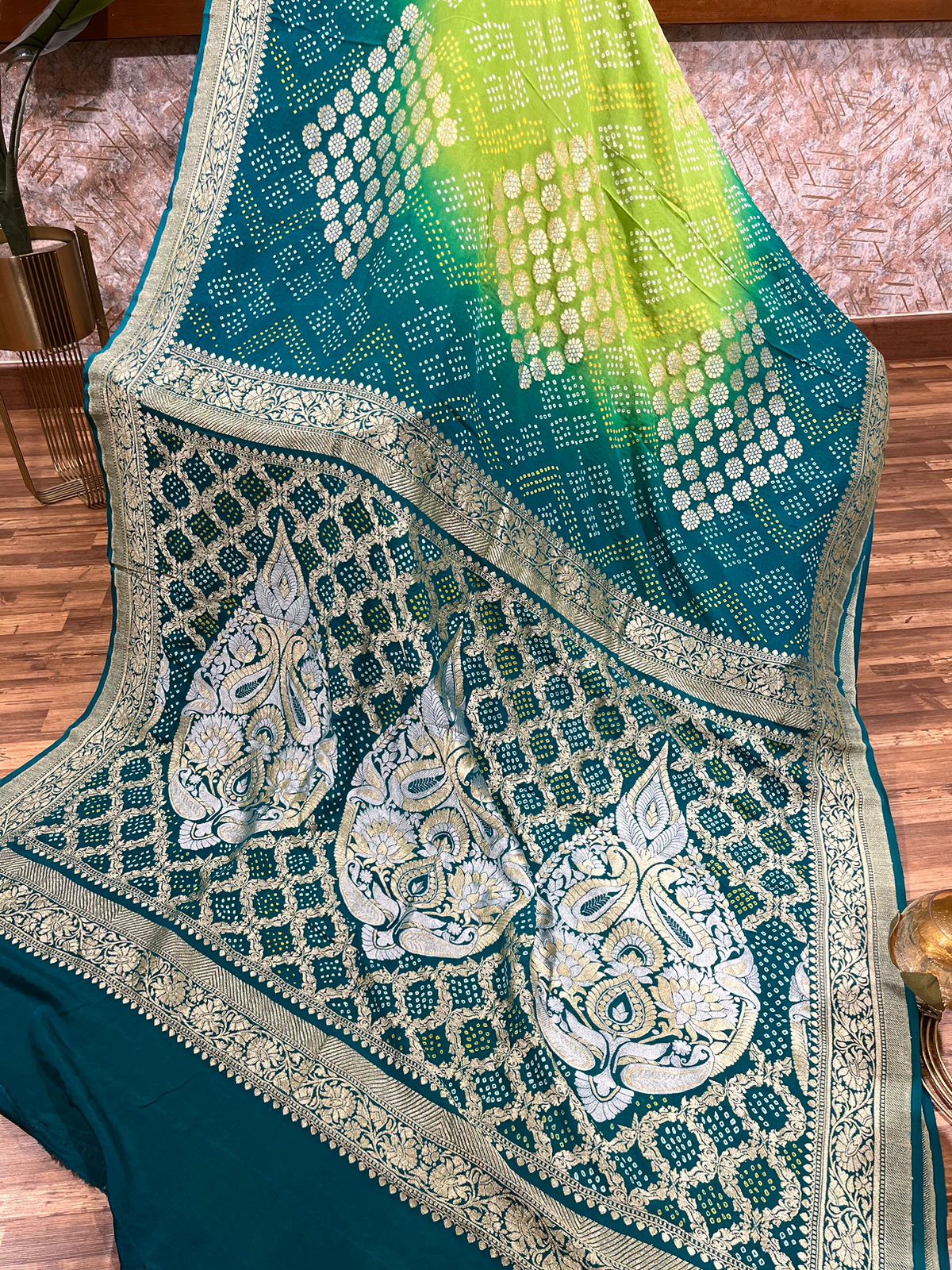 Parrot Green and Dark Green Pure Bandhini Georgette