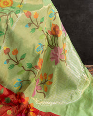 Apple Green And Red Pure Real Zari Kota