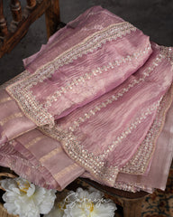 Pink Pure tissue Organza With Handworked Borders Comes With Running Blouses with Handwork Design !!