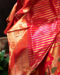 Rich and Bright Red Vertical Zari Lines Tissue Triple Muniya Paithani !!