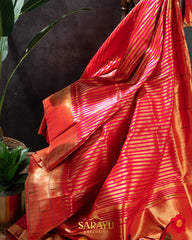 Rich and Bright Red Vertical Zari Lines Tissue Triple Muniya Paithani !!