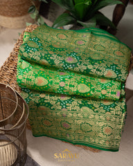 Parrot Green and Dark Green Combination Pure Banarasi Georgette