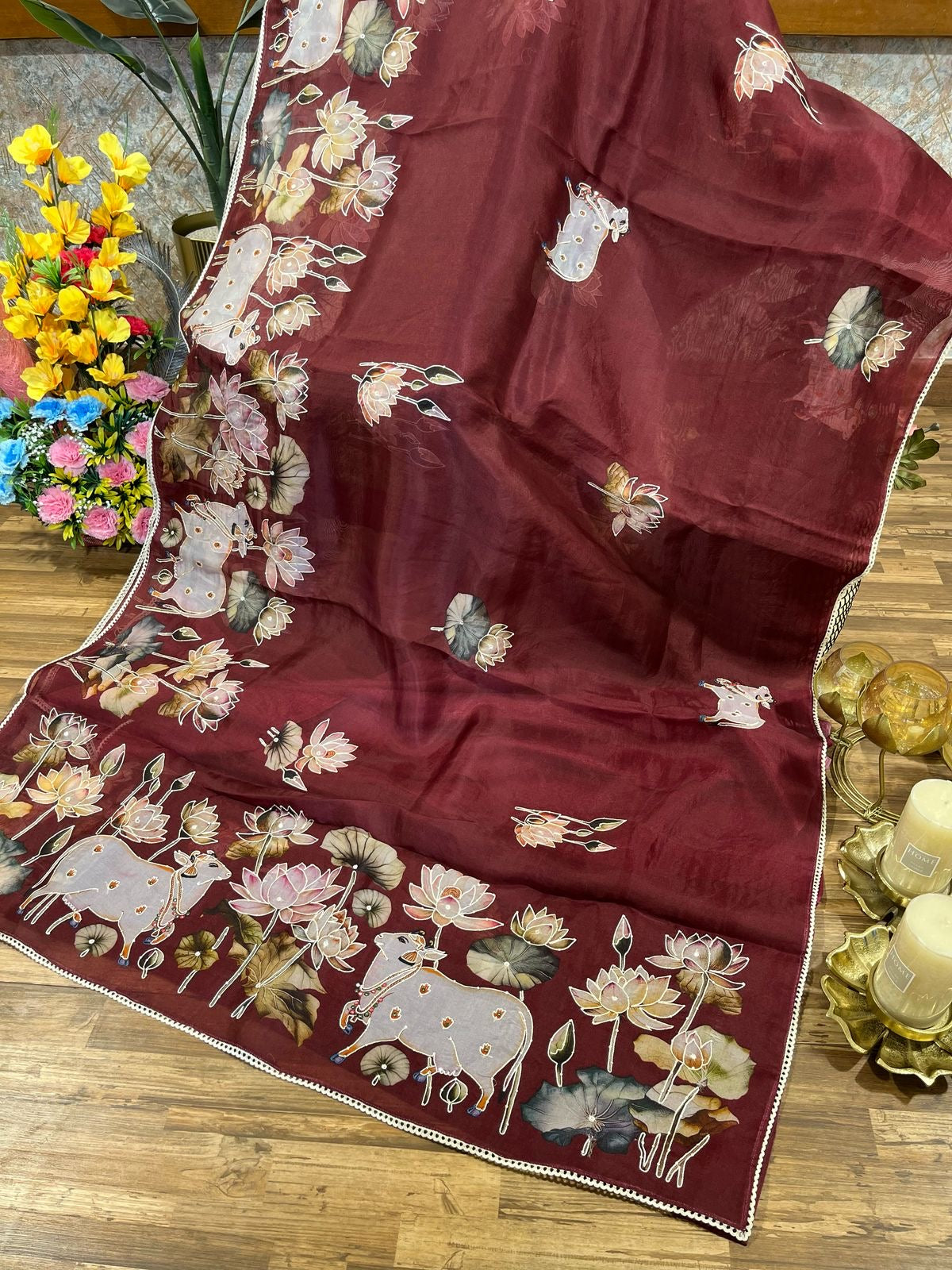 Maroon Designer Floral Print Pure Organza