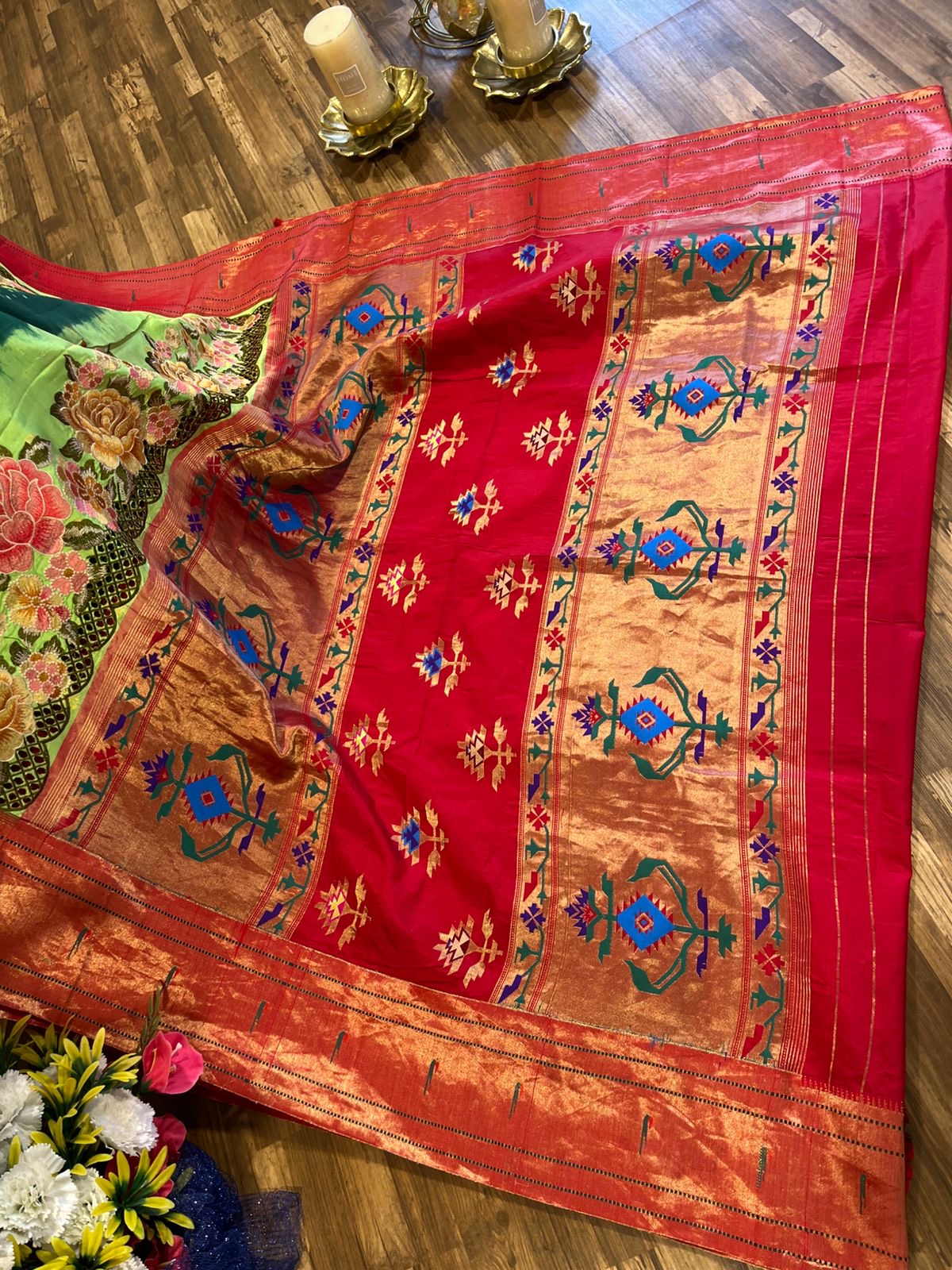 Green Double Border Paithani Bandhini