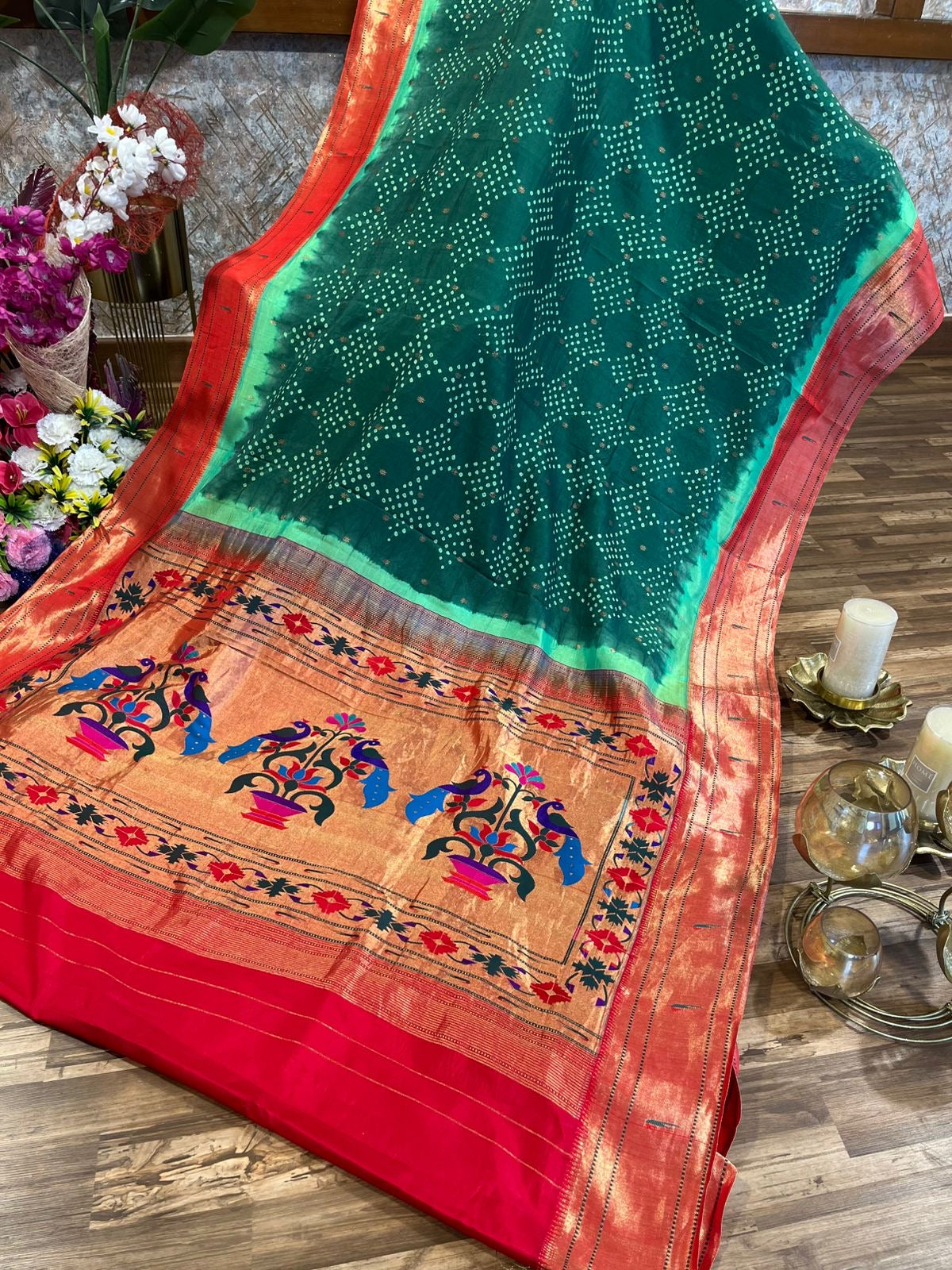 Green Pure Silk Paithani Bandhini