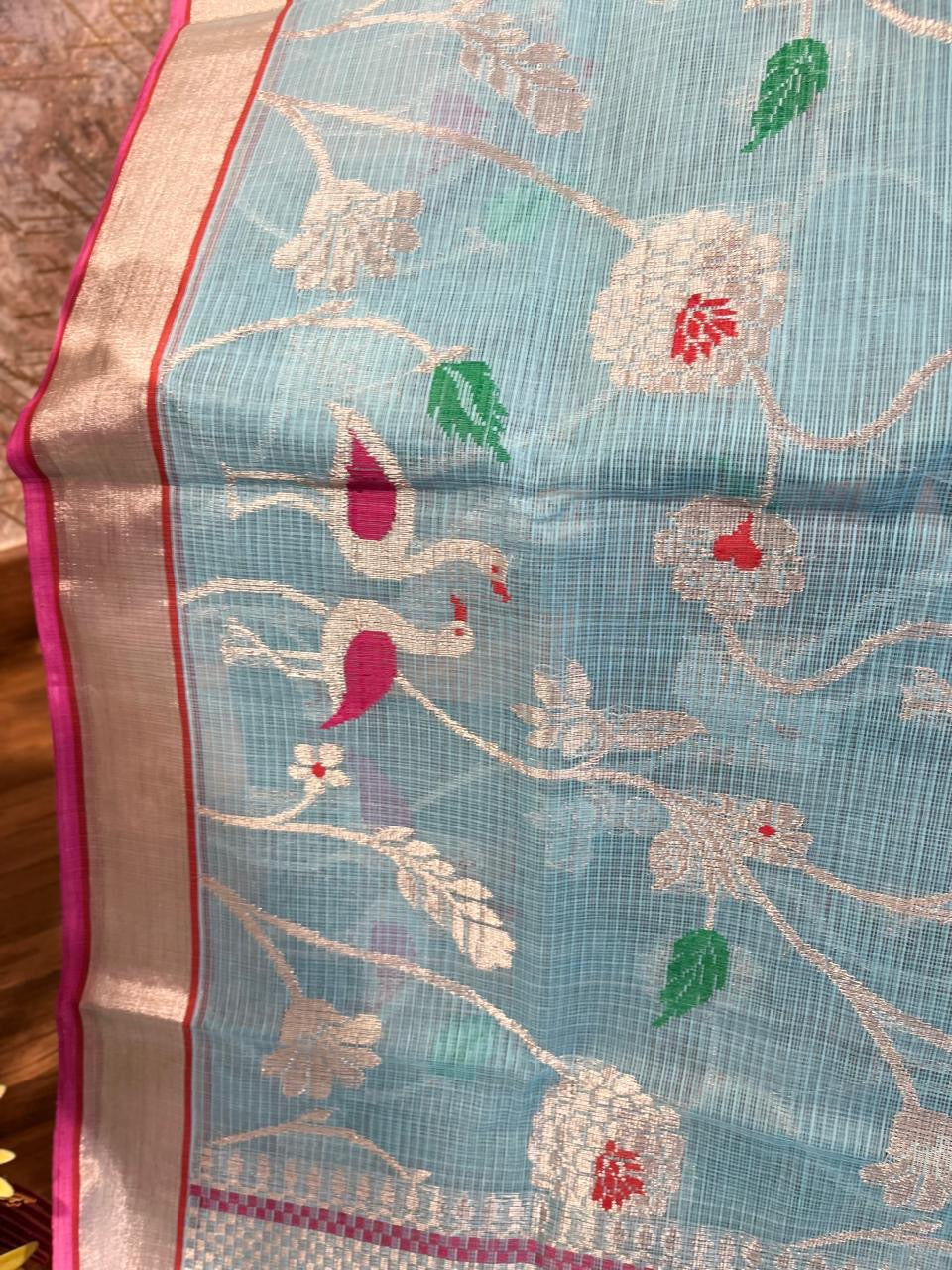 Designer All Over Jaal Pure Zari Kota Saree with Contrast Blouse