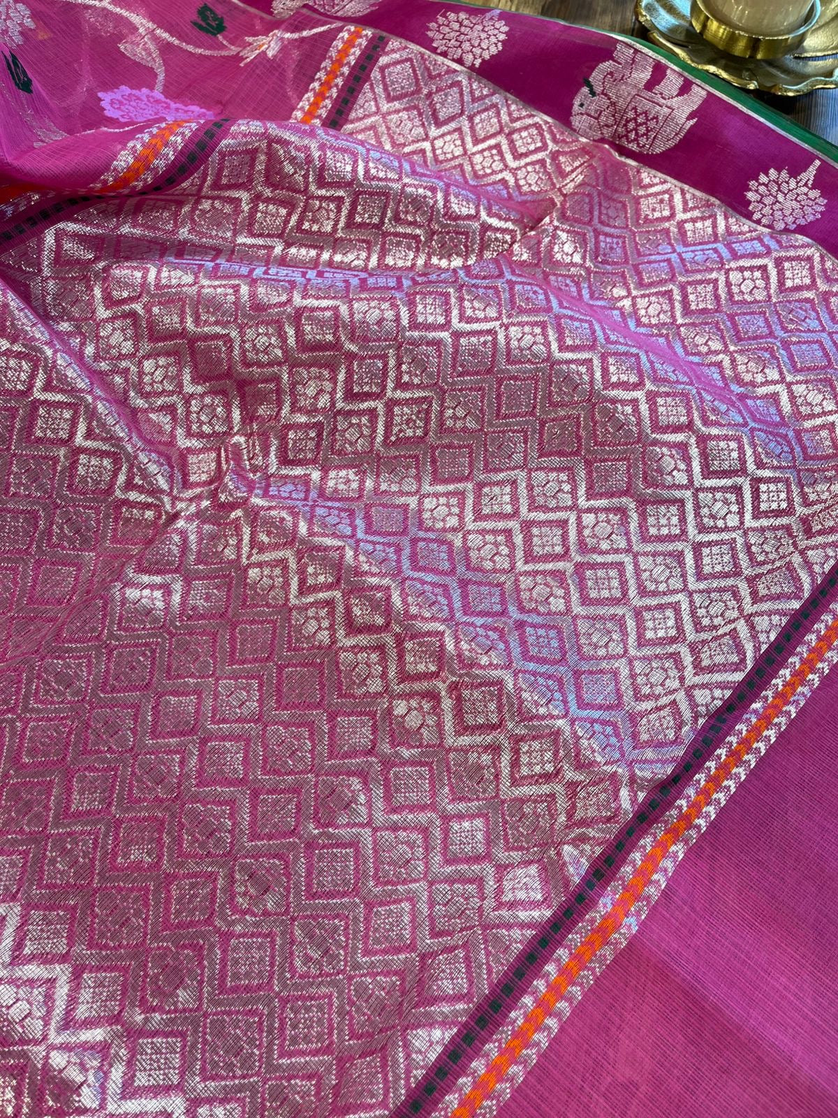 Designer All Over Jaal Pure Zari Kota Saree with Contrast Blouse