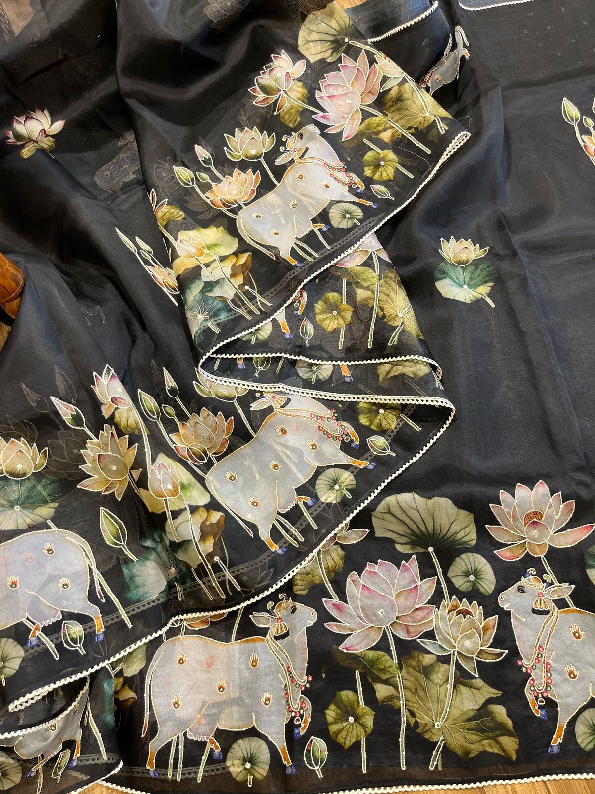 Black Designer Floral Print Pure Organza