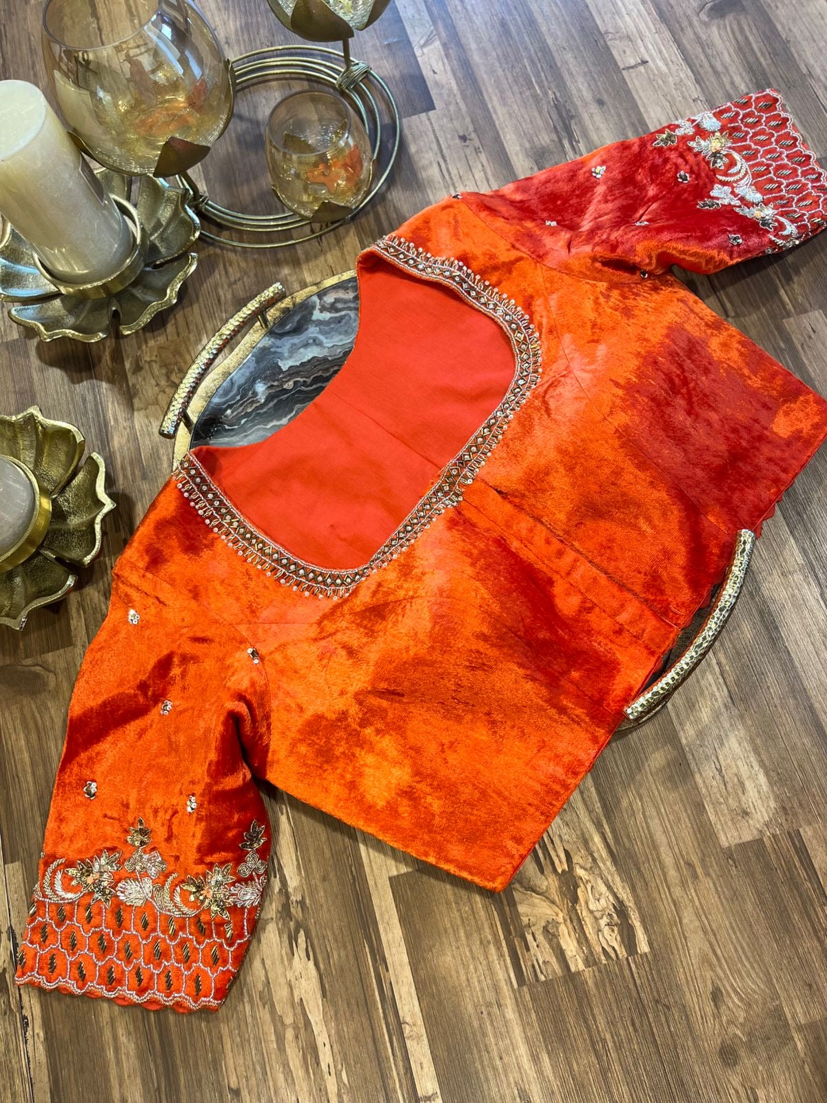 Orange Shade Velvet Designer Blouse