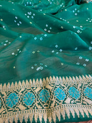 Double Shaded Green Banarasi Meenaweave Bandhini Georgette Saree