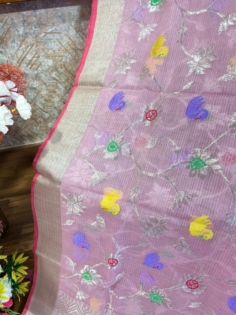 Designer All Over Jaal Pure Zari Kota Saree with Contrast Blouse