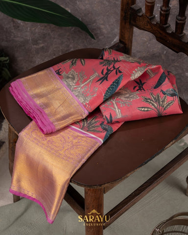 Peach and Pink Exclusive Pure Digital Kanchi Silk